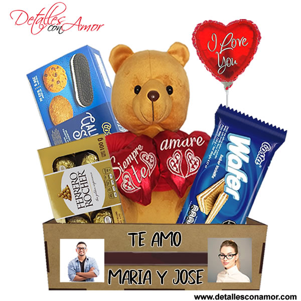 Box San Valentín 6 Rosas, Bombones y Peluche Oso Corazón